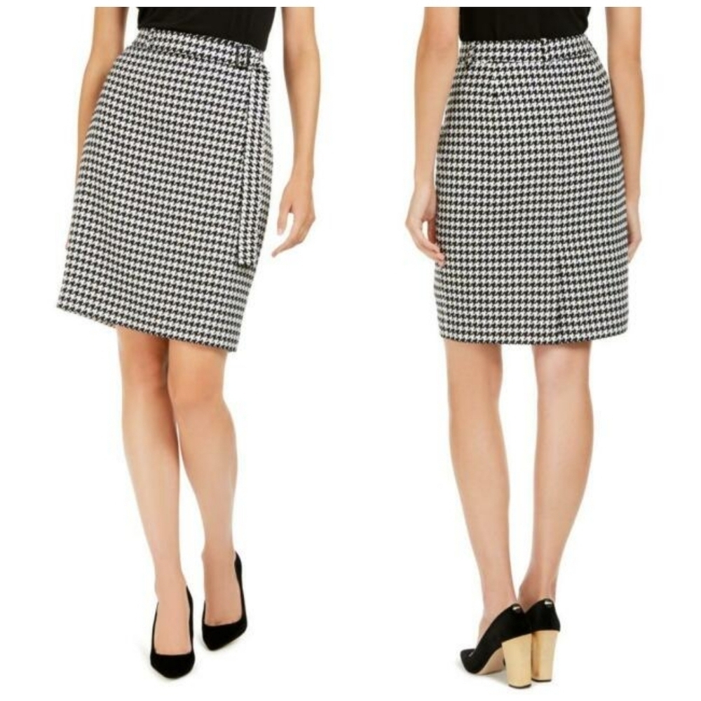 Calvin Klein Woven Houndstooth Belted Midi Pencil Skirt
